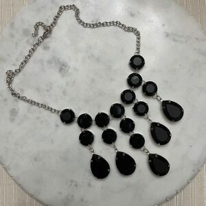 Black Statement Bib Necklace Silver Tone Tiered Teardrop Round Dangle Jewelry